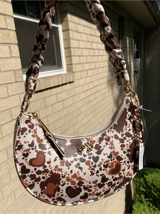 Betsey Johnson Handbags - Betsey Johnson Crescent Shoulder Purse Brown White Cow Print Hearts Western